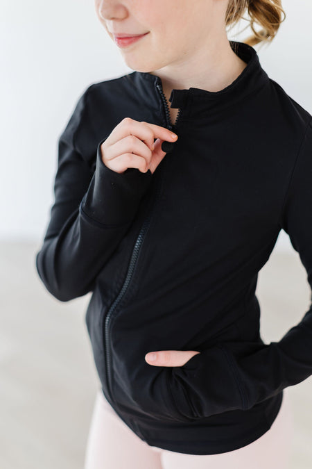 Balanced Black Full-Zip Ruffle Active Jacket Jackets Mila & Rose