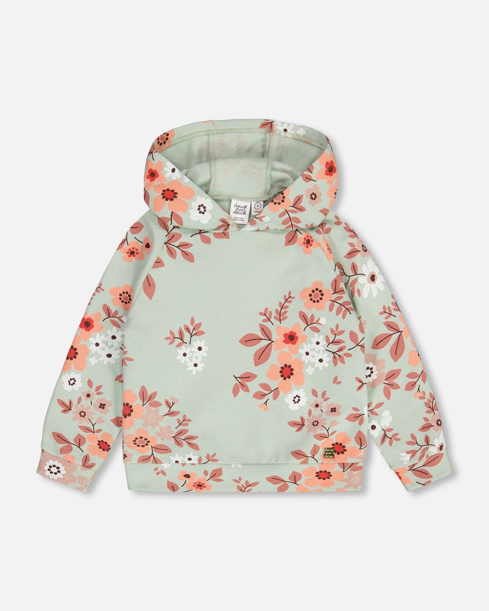 Fleece Hoodie Sage Green With Flower Print