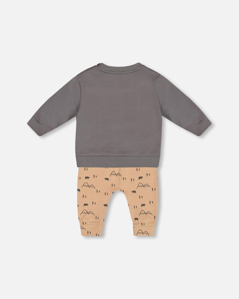 Organic Cotton Top With Printed Mountains Pant Set Dark Gray
