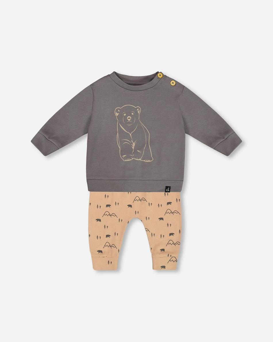Organic Cotton Top With Printed Mountains Pant Set Dark Gray