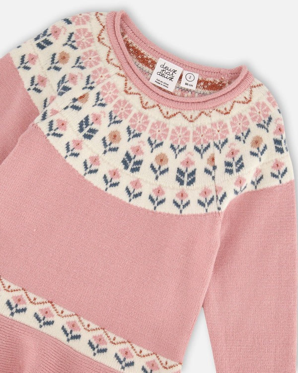 Deux par Deux - Knit Dress With Round Intarsia Flowers Light Pink