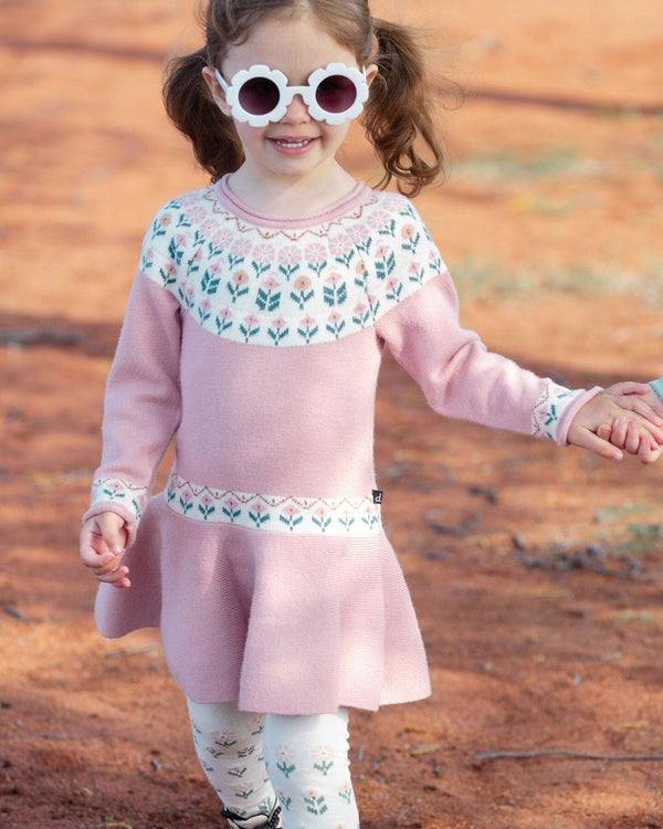 Deux par Deux - Knit Dress With Round Intarsia Flowers Light Pink - Light Pink Deux par Deux - Knit Dress With Round Intarsia Flowers Light Pink - Light Pink