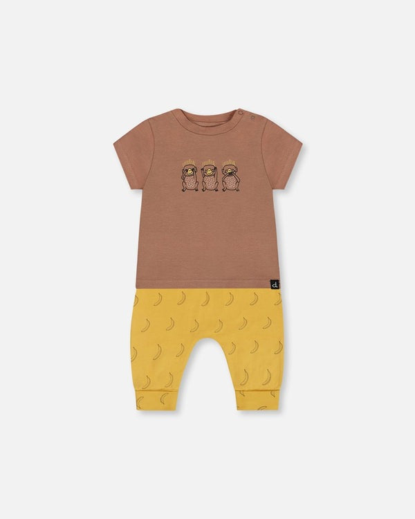 Printed Organic Cotton Top And Pant Set Yellow Bananas And Brown