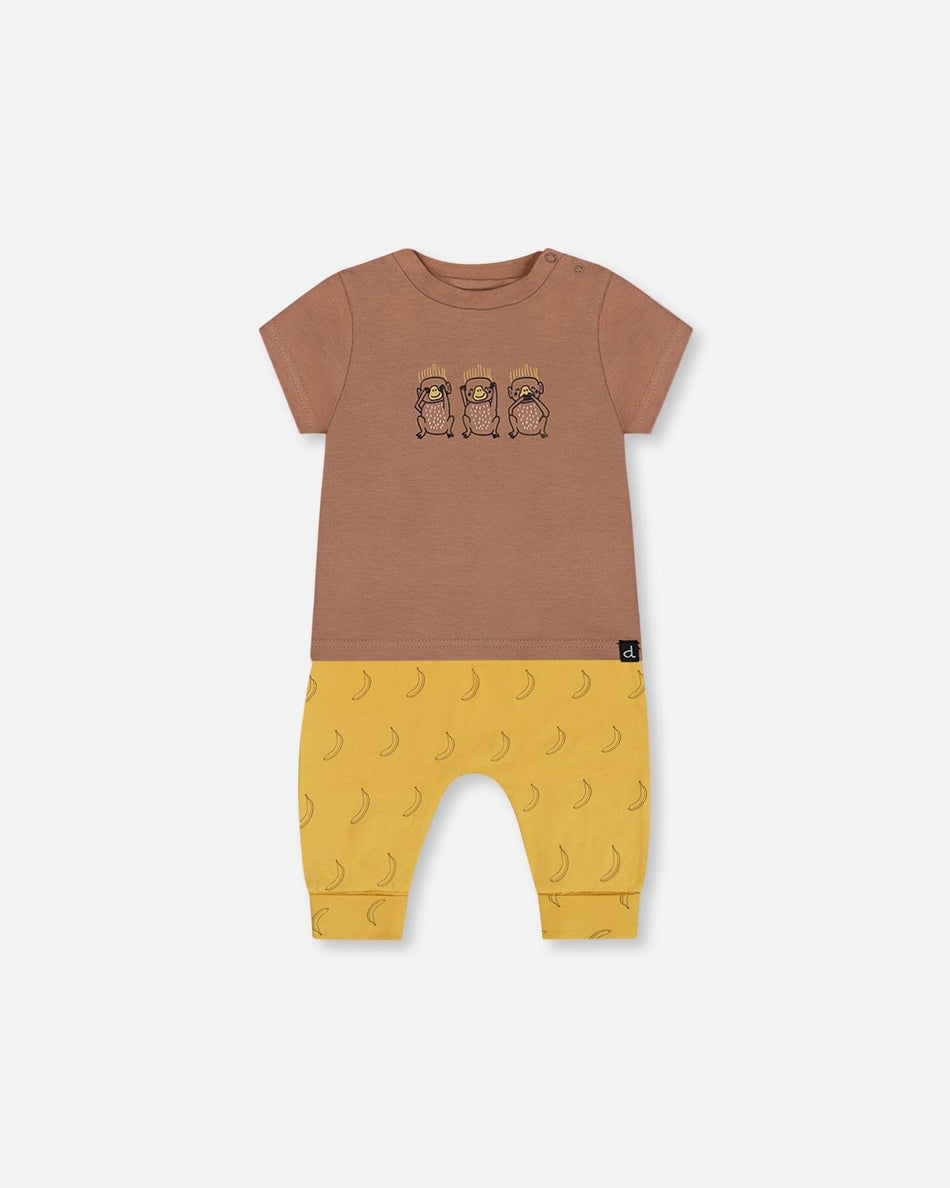 Printed Organic Cotton Top And Pant Set Yellow Bananas And Brown