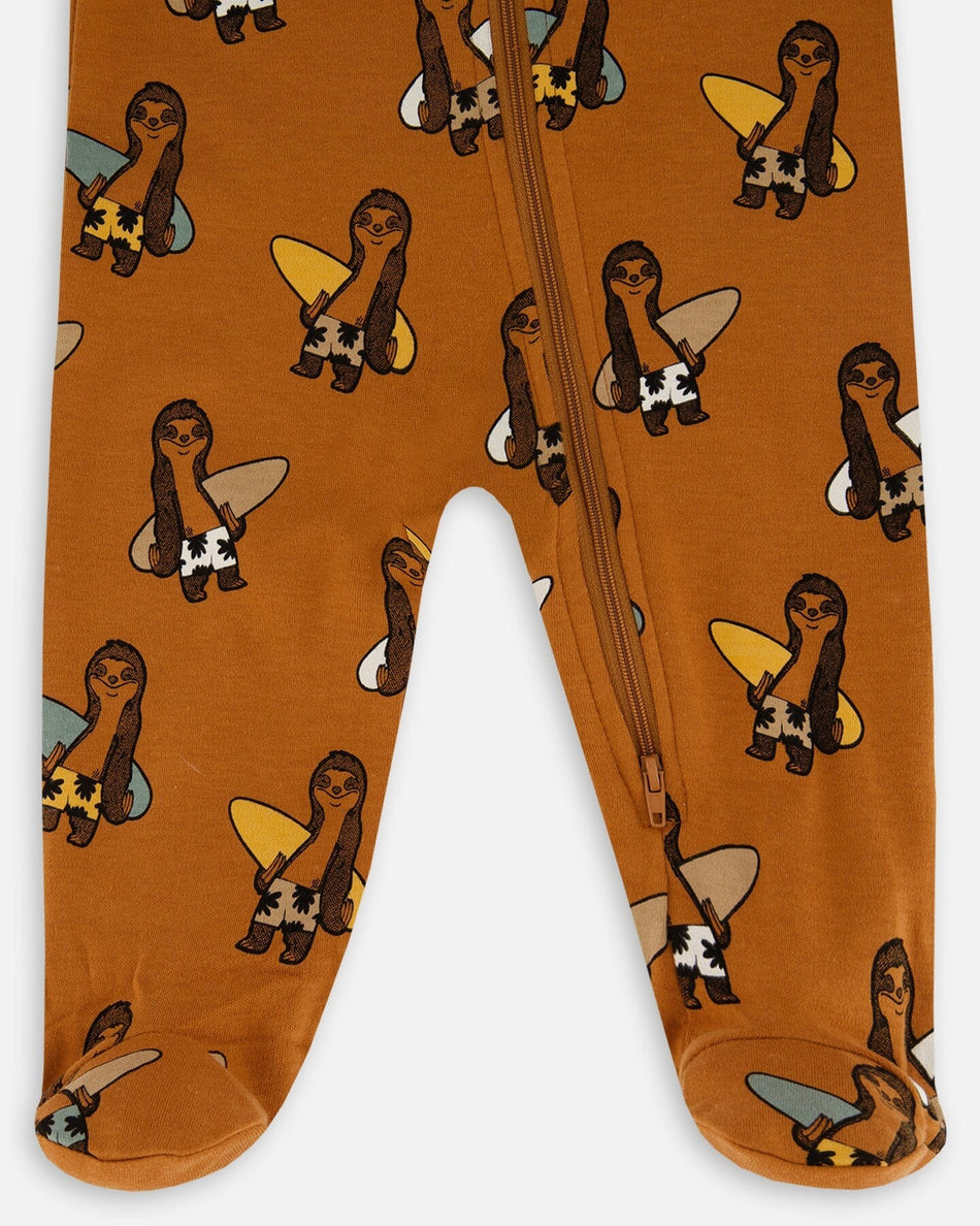 Organic Cotton One-Piece Pajama Sloths On Tan Background