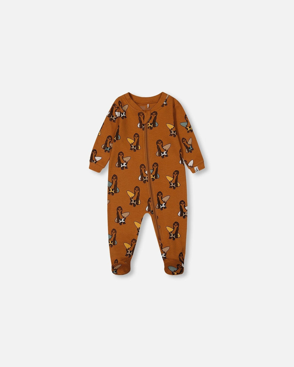 Organic Cotton One-Piece Pajama Sloths On Tan Background