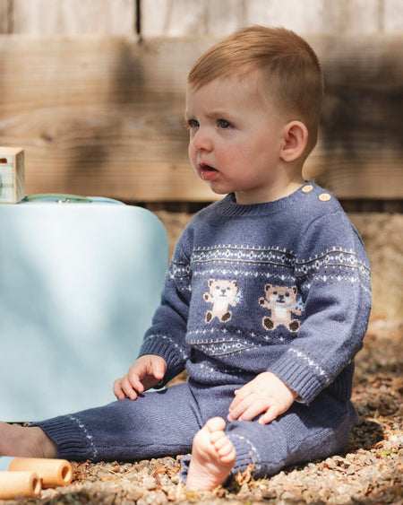 Knitted Jacquard Sweater And Pant Set Blue Gray With Bears Clothing - Infant deux par deux