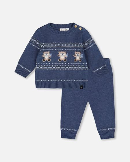 Knitted Jacquard Sweater And Pant Set Blue Gray With Bears Clothing - Infant deux par deux