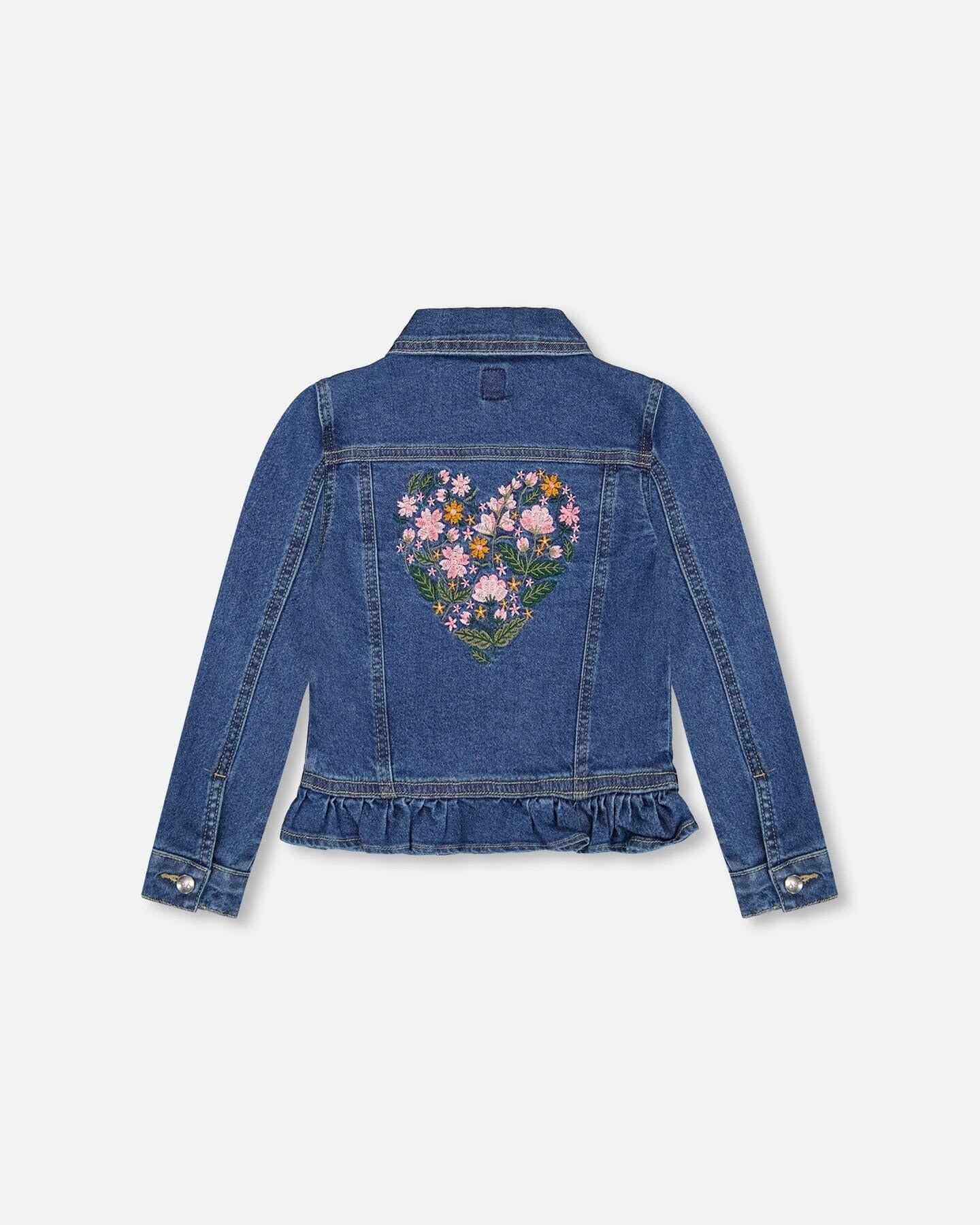 Denim Jacket Blue With Ruffle Hem And Floral Embroidery Jackets deux par deux