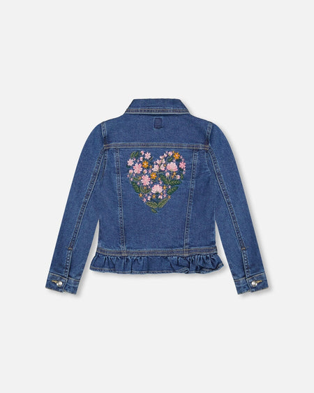 Denim Jacket Blue With Ruffle Hem And Floral Embroidery Jackets deux par deux