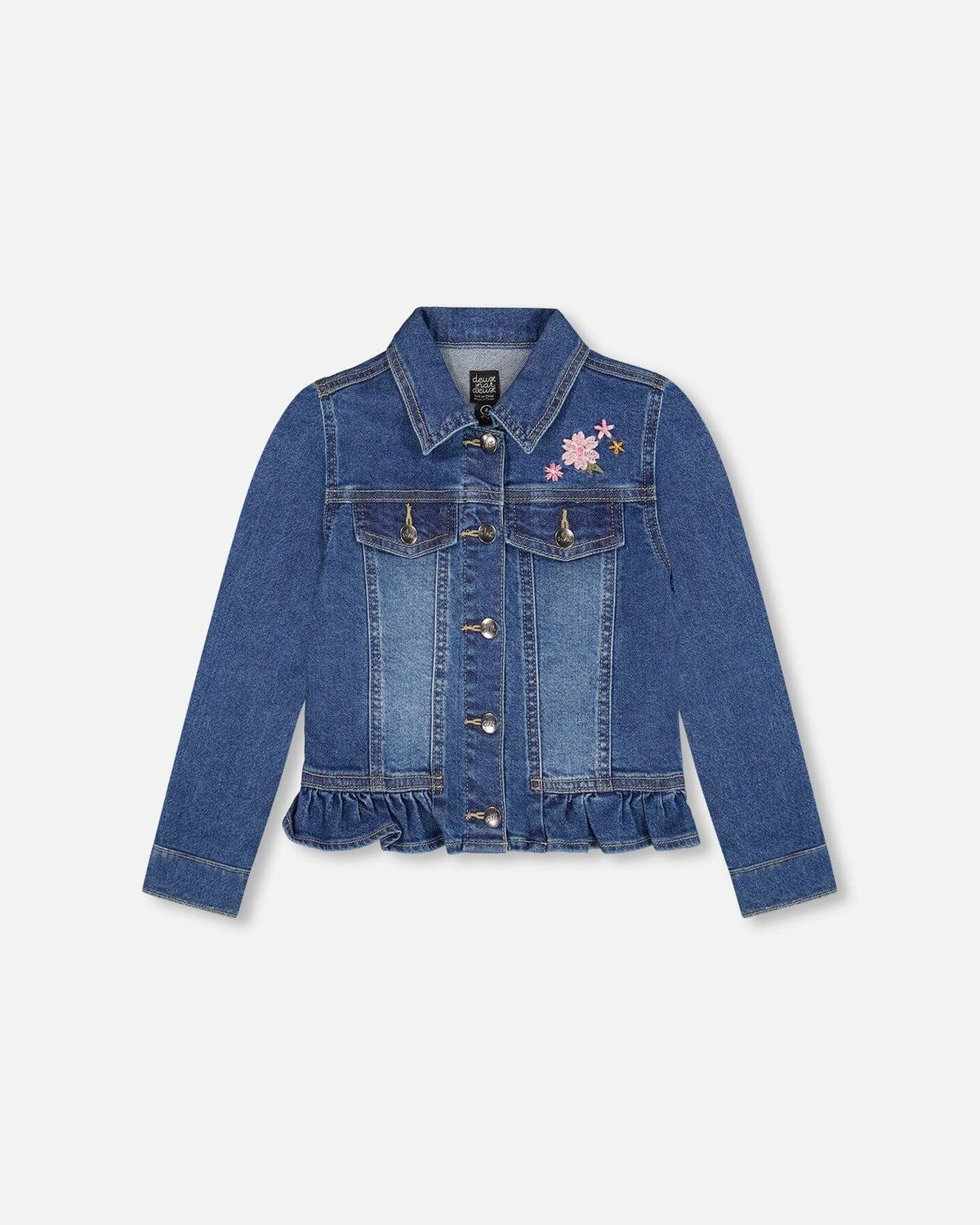 Denim Jacket Blue With Ruffle Hem And Floral Embroidery Jackets deux par deux