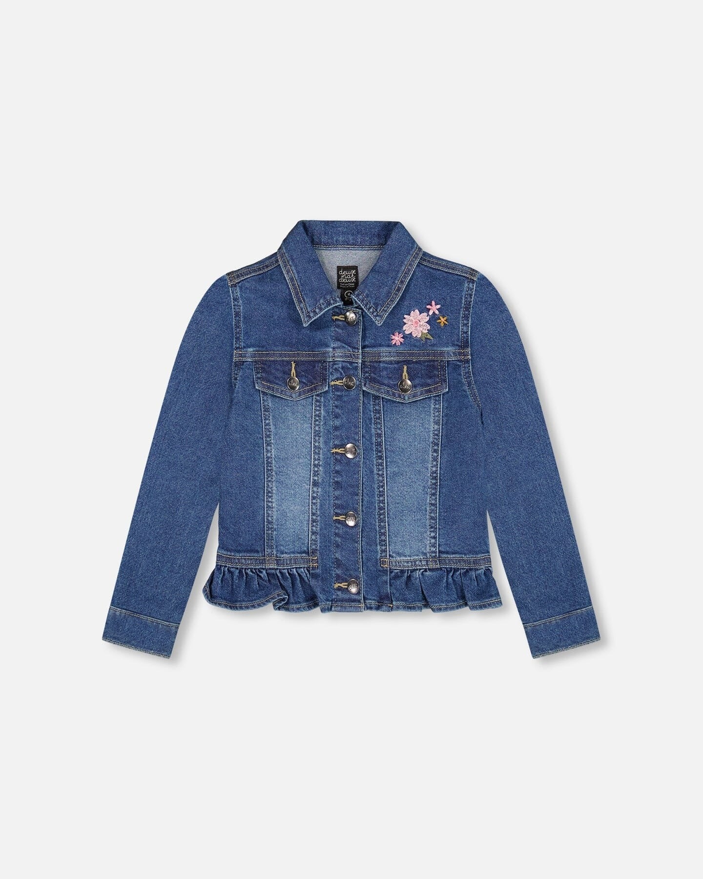 Denim Jacket Blue With Ruffle Hem And Floral Embroidery Jackets deux par deux