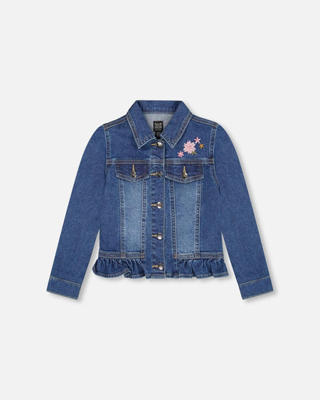 Denim Jacket Blue With Ruffle Hem And Floral Embroidery Jackets deux par deux