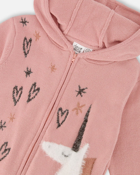Hooded Knit Cardigan Dusty Pink With Unicorn Intarsia Jackets deux par deux