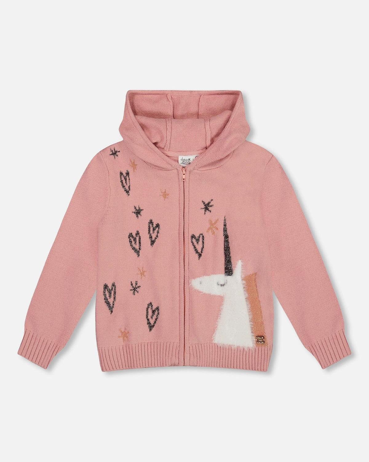 Hooded Knit Cardigan Dusty Pink With Unicorn Intarsia Jackets deux par deux
