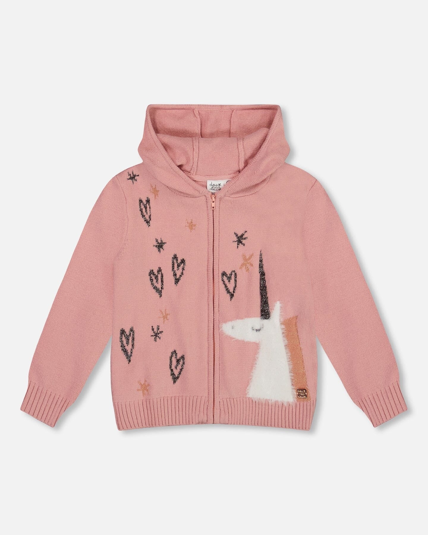 Hooded Knit Cardigan Dusty Pink With Unicorn Intarsia Jackets deux par deux