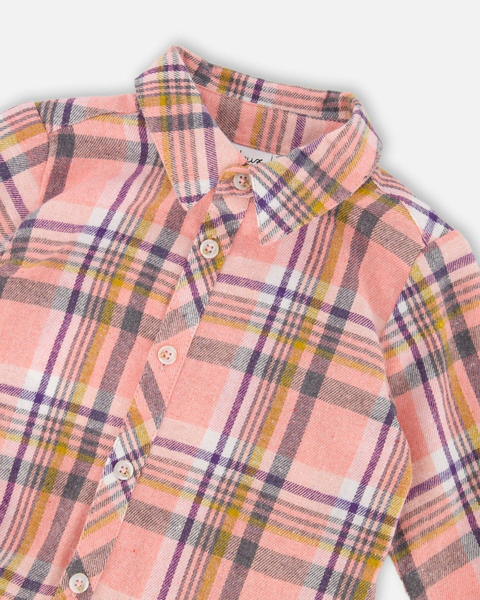 Shirt Plaid Dress With Frill Pink, Yellow And Gray