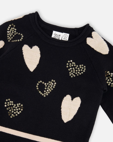 Knit Dress Black With Glittery Heart Motifs Baby & Toddler Dresses deux par deux