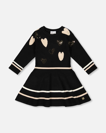 Knit Dress Black With Glittery Heart Motifs Baby & Toddler Dresses deux par deux