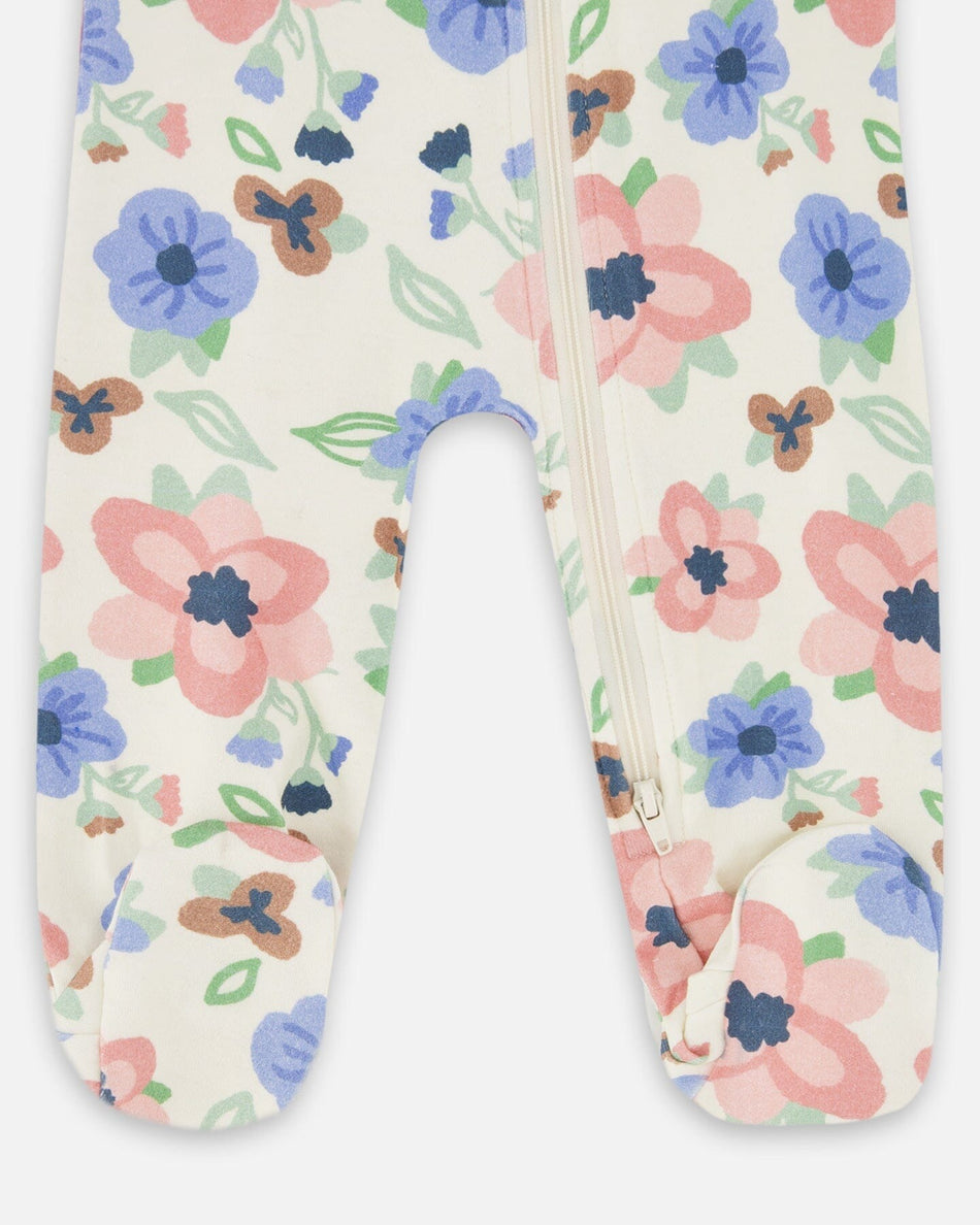 One-Piece Organic Cotton Off-White Flower Print Footie