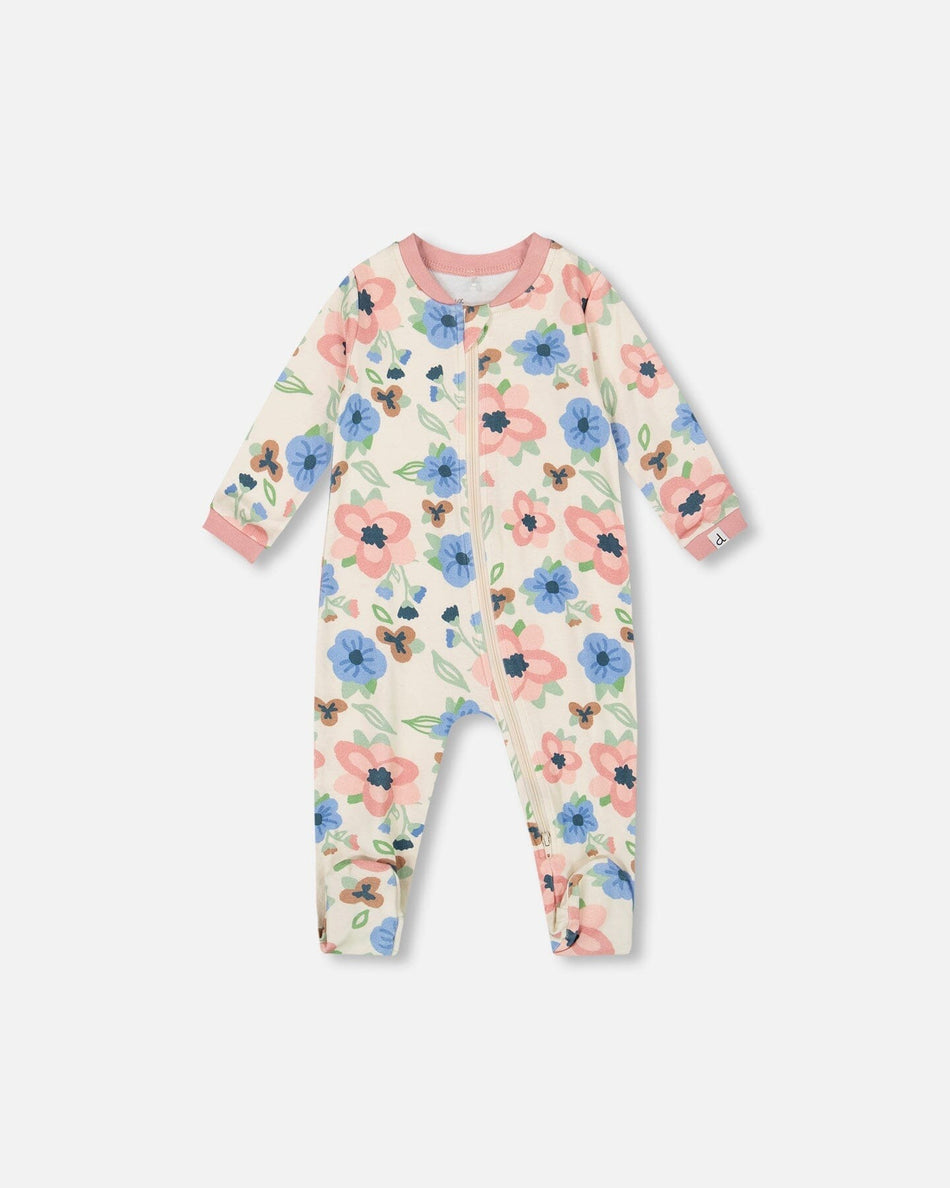 One-Piece Organic Cotton Off-White Flower Print Footie