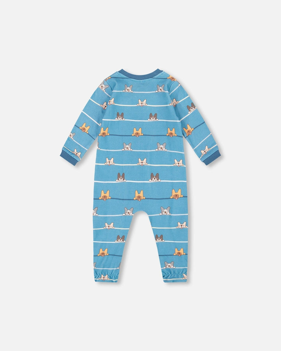 One-Piece Organic Cotton Blue Dog Print Footie