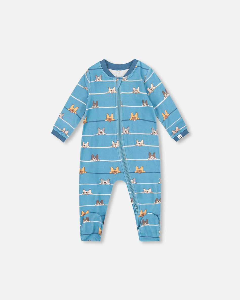 One-Piece Organic Cotton Blue Dog Print Footie