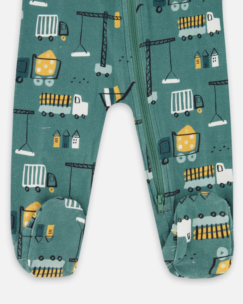 One-Piece Organic Cotton Teal Construction Print Footie