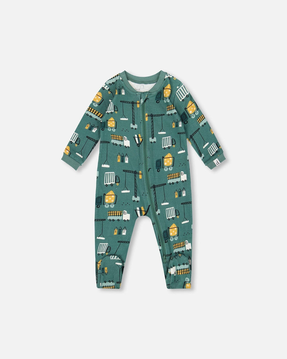 One-Piece Organic Cotton Teal Construction Print Footie
