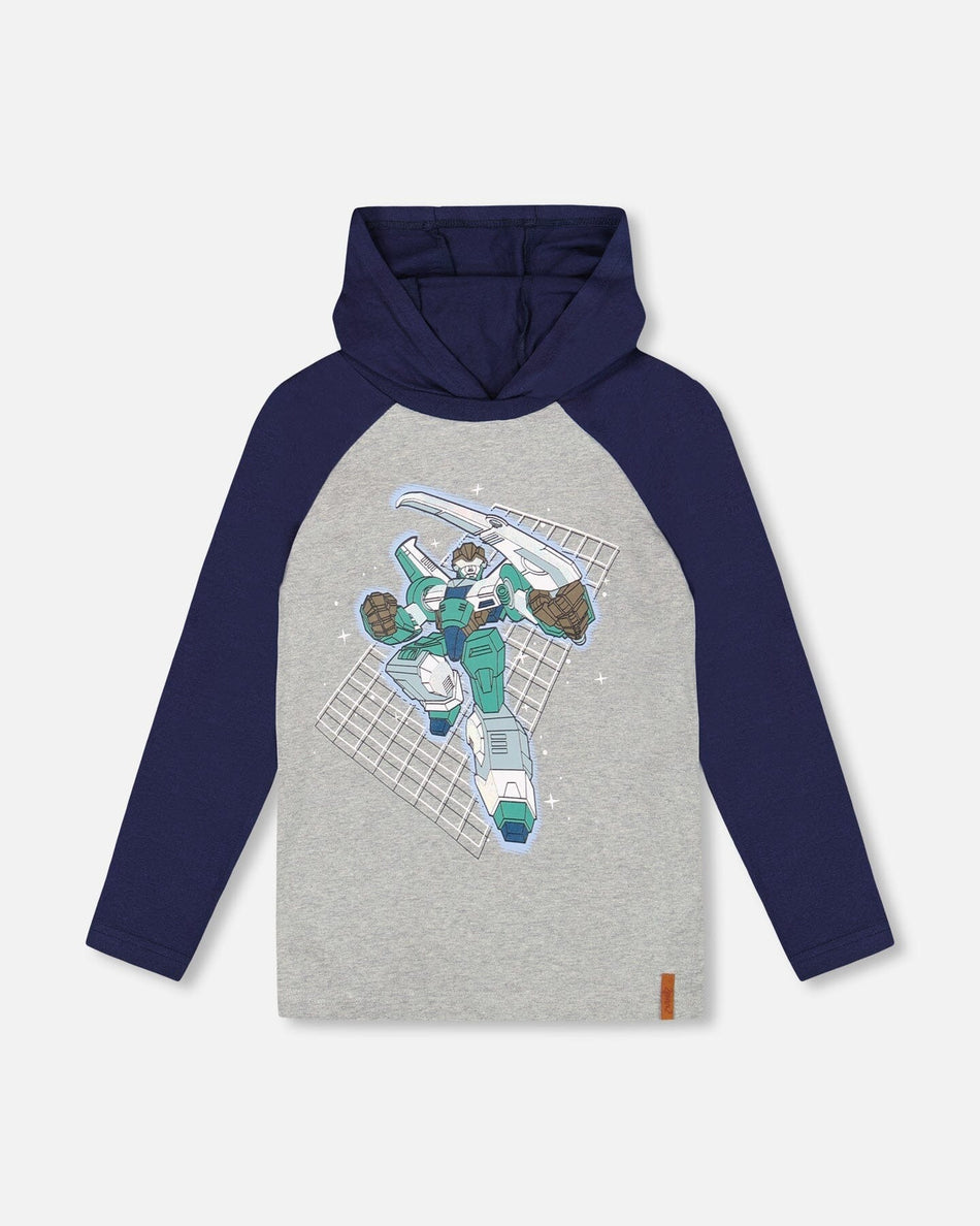 Organic Cotton Jersey Hooded Raglan Sleeve Tee Navy Blue