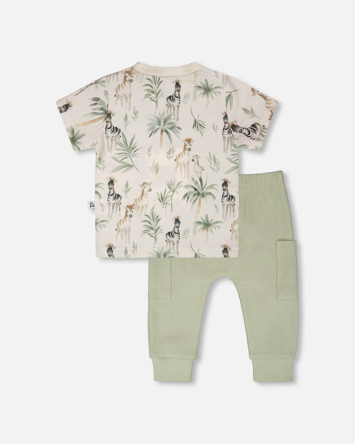 Organic Cotton Jersey T-Shirt And Cotton Rib Pants Set Beige Zebra Print And Sage Green Clothing - Infant deux par deux