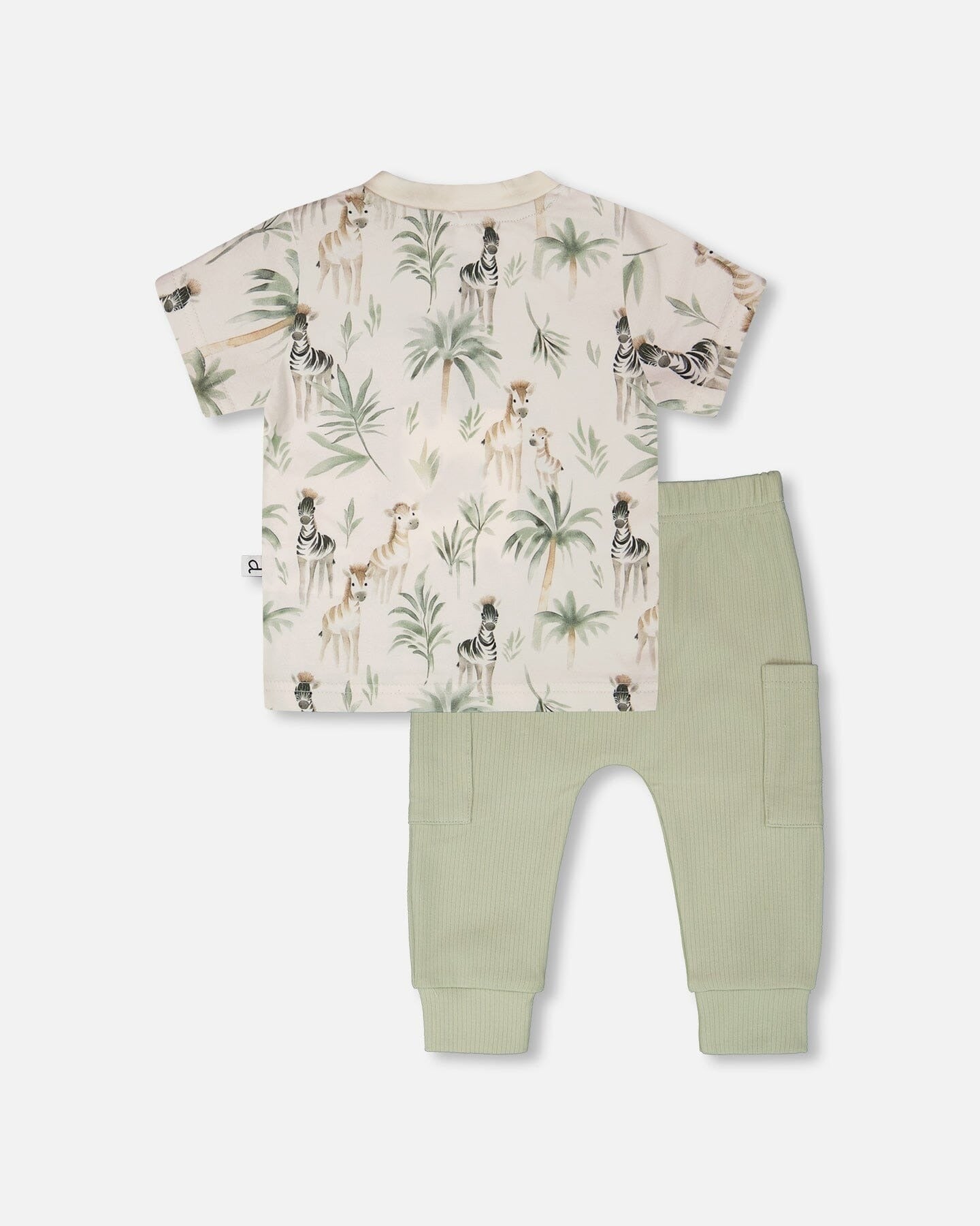 Organic Cotton Jersey T-Shirt And Cotton Rib Pants Set Beige Zebra Print And Sage Green Clothing - Infant deux par deux