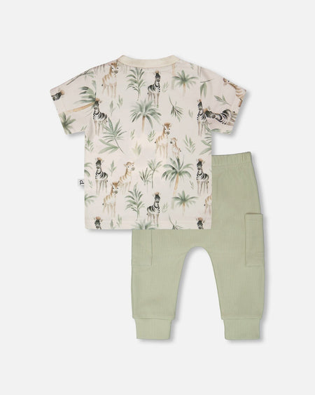 Organic Cotton Jersey T-Shirt And Cotton Rib Pants Set Beige Zebra Print And Sage Green Clothing - Infant deux par deux