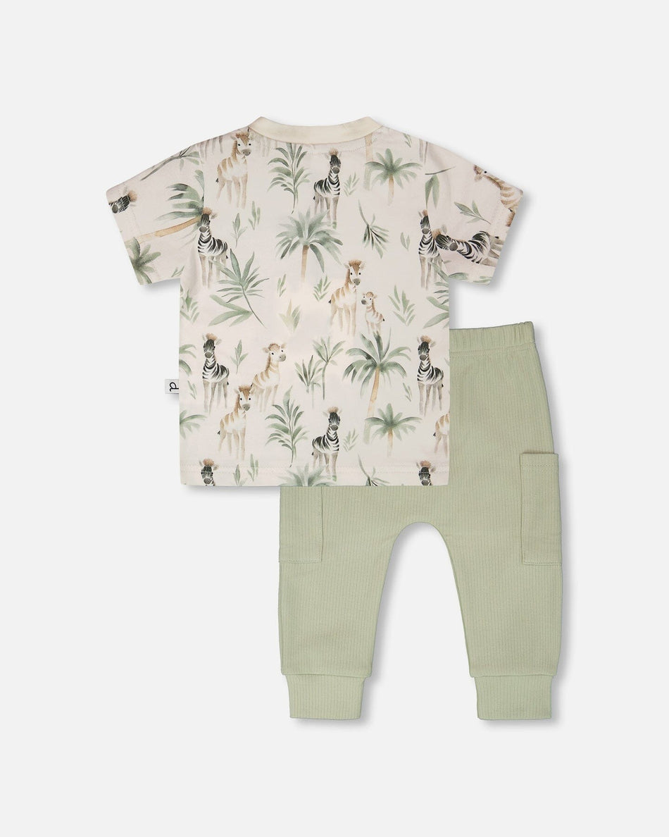 Organic Cotton Jersey T-Shirt And Cotton Rib Pants Set Beige Zebra Print And Sage Green Clothing - Infant deux par deux