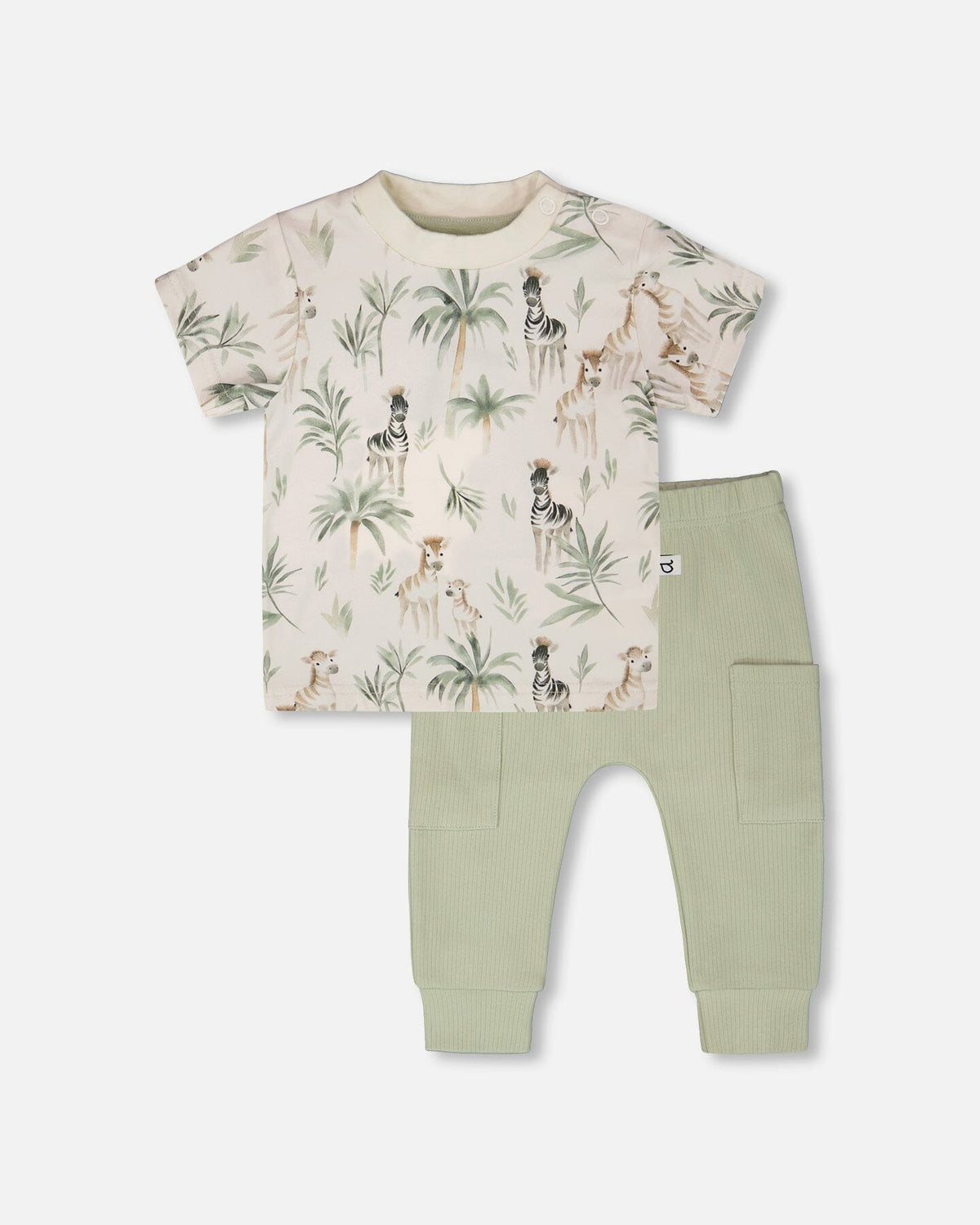 Organic Cotton Jersey T-Shirt And Cotton Rib Pants Set Beige Zebra Print And Sage Green Clothing - Infant deux par deux