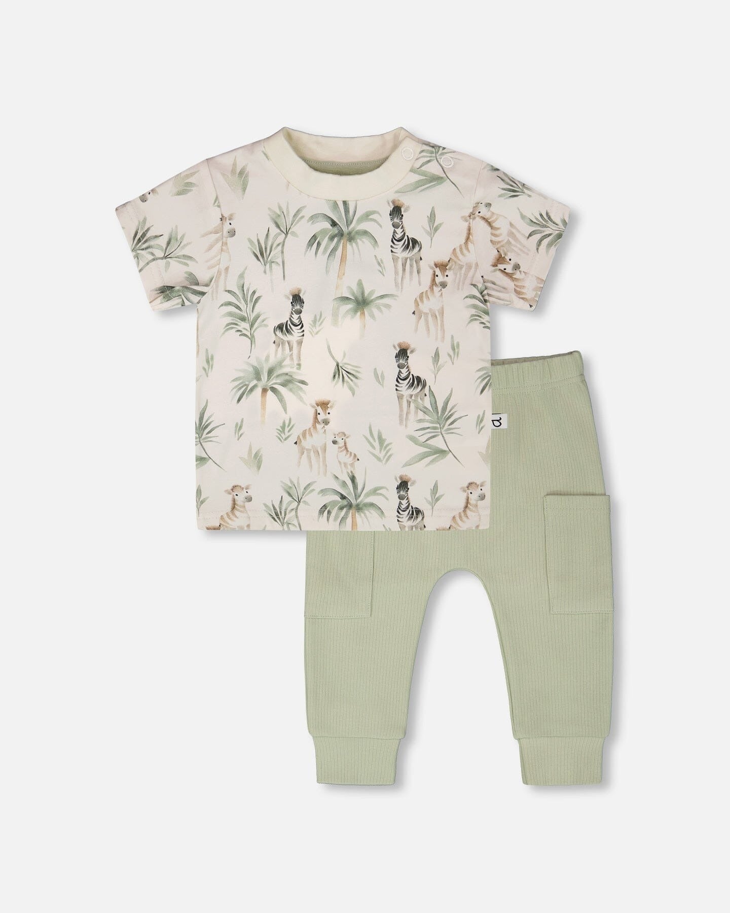 Organic Cotton Jersey T-Shirt And Cotton Rib Pants Set Beige Zebra Print And Sage Green Clothing - Infant deux par deux