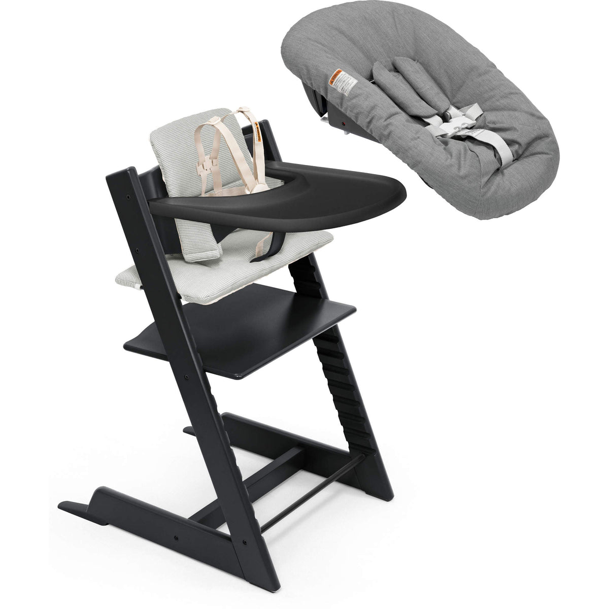 Tripp Trapp High Chair² with Cushion, Tray and Newborn Set High Chairs Stokke Black + Grey Cushion, Black Tray & Newborn Set
