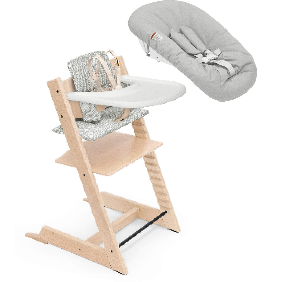 Tripp Trapp High Chair² with Cushion, Tray and Newborn Set High Chairs Stokke Natural + Nordic Grey Cushion, White Tray & Newborn Set