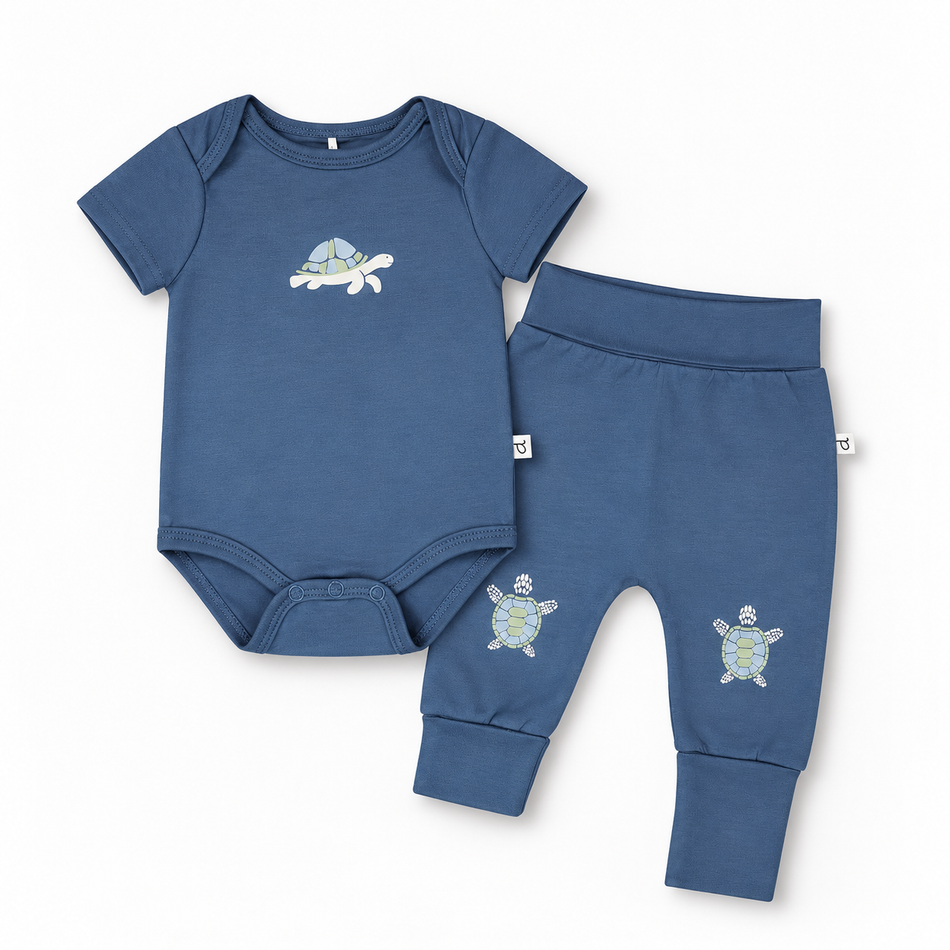 Turtle Organic Cotton Onesie & Pants Bundle in Medium Blue Clothing - Infant deux par deux