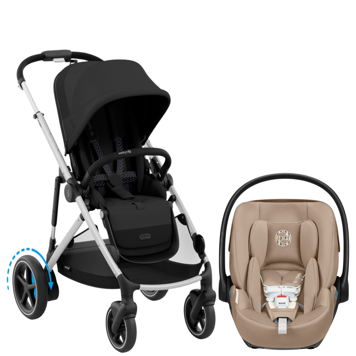 e-Gazelle S Stroller + Cloud G Pro Infant Car Seat Travel System Strollers - Travel Systems Cybex Moon Black ( Silver Frame ) w/ Almond Beige