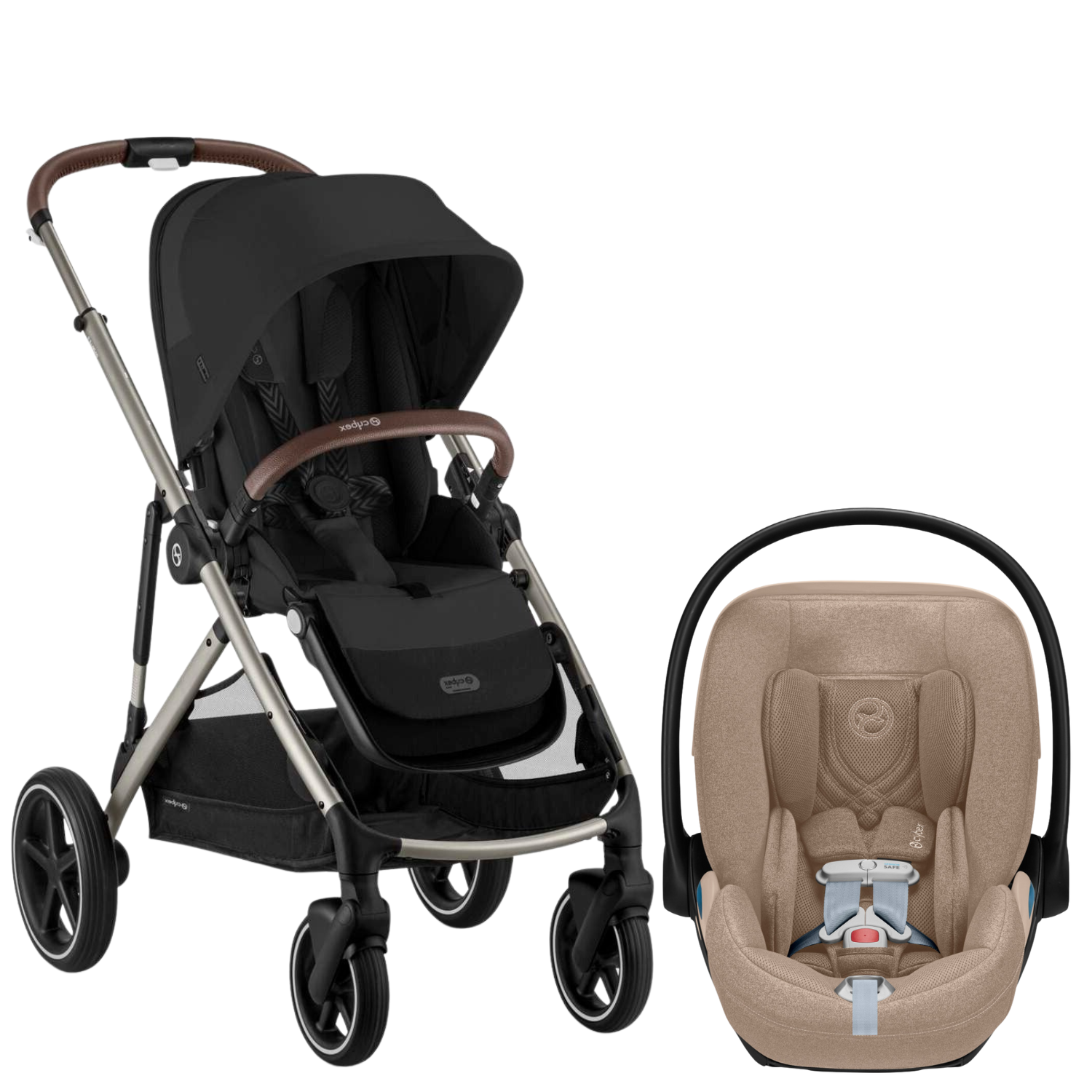 Gazelle S Stroller + Cloud T Travel System Strollers - Travel Systems Cybex Moon Black ( Taupe Frame ) w/ Cozy Beige