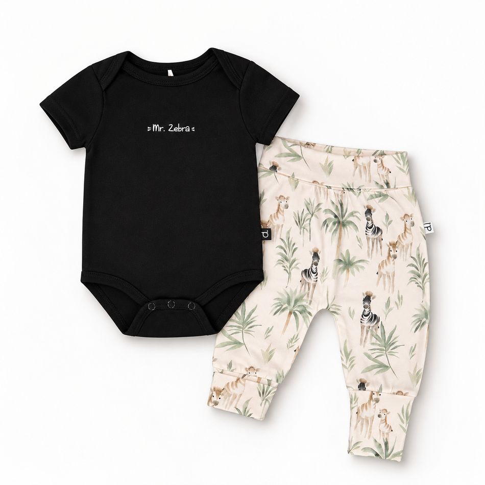 Organic Cotton "Mister Zebra" Onesie + Beige Zebra Pants Clothing - Infant deux par deux