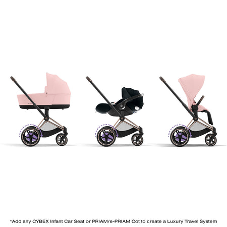 brown and pink stroller with car seat Cybex e-PRIAM 2 Stroller with Rose Gold Frame & Brown Accents