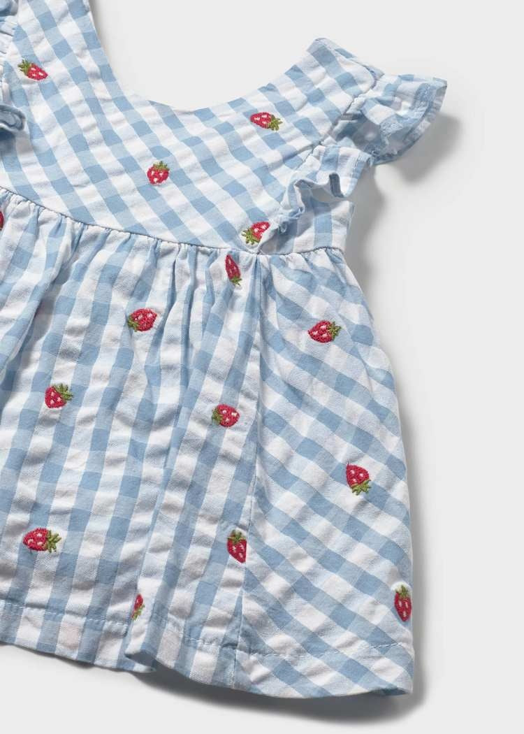 Mayoral Newborn Girl Blue Plaid Strawberry Dress with Bloomers