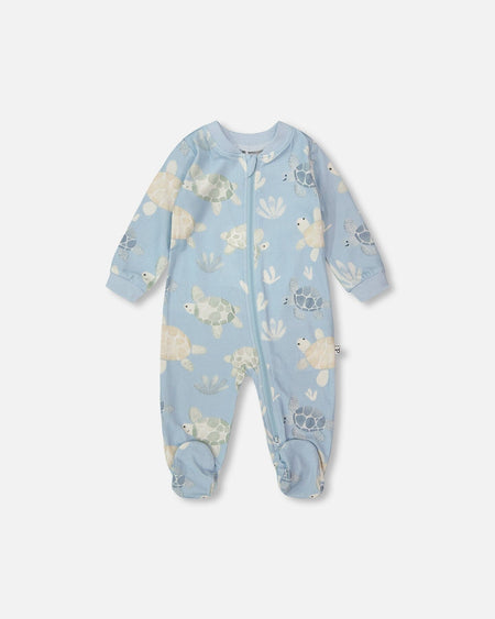 Organic Cotton Jersey One-Piece Pyjama Blue Turtle Print Footies deux par deux