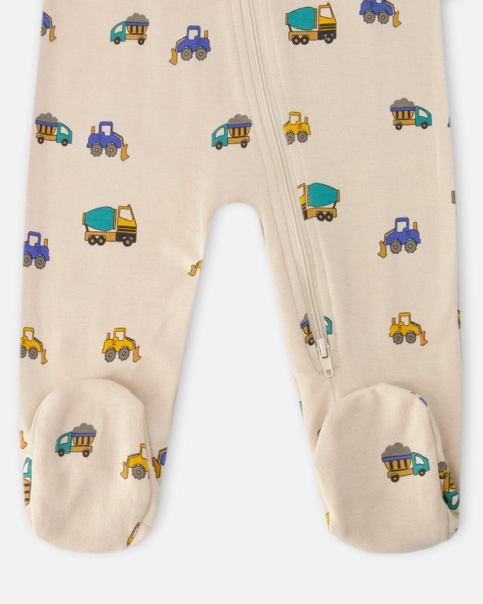 Organic Cotton Baby One-Piece Pyjama Beige Truck Print