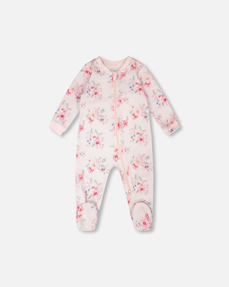 Organic Cotton Baby One-Piece Pyjama Pink Flower Print Footies deux par deux