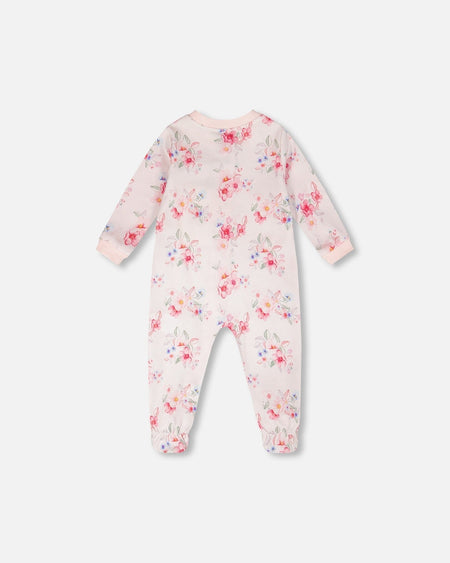 Organic Cotton Baby One-Piece Pyjama Pink Flower Print Footies deux par deux