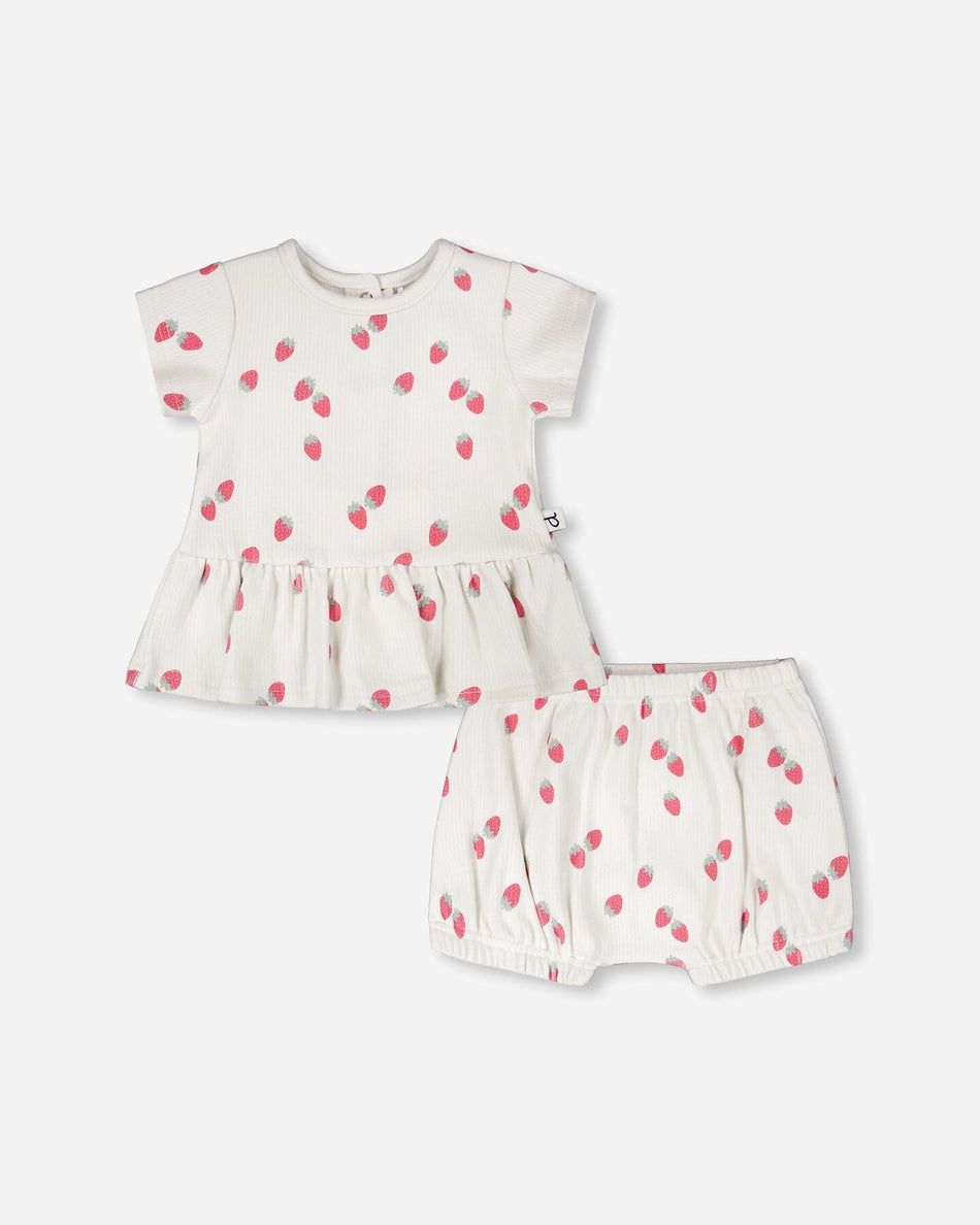 Cotton Rib Jersey Top And Short Set White Printed Strawberries