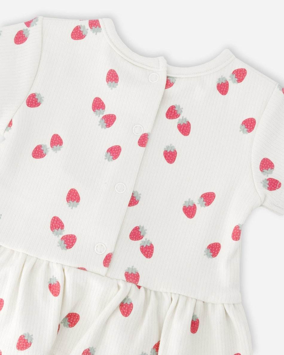 Cotton Rib Jersey Top And Short Set White Printed Strawberries